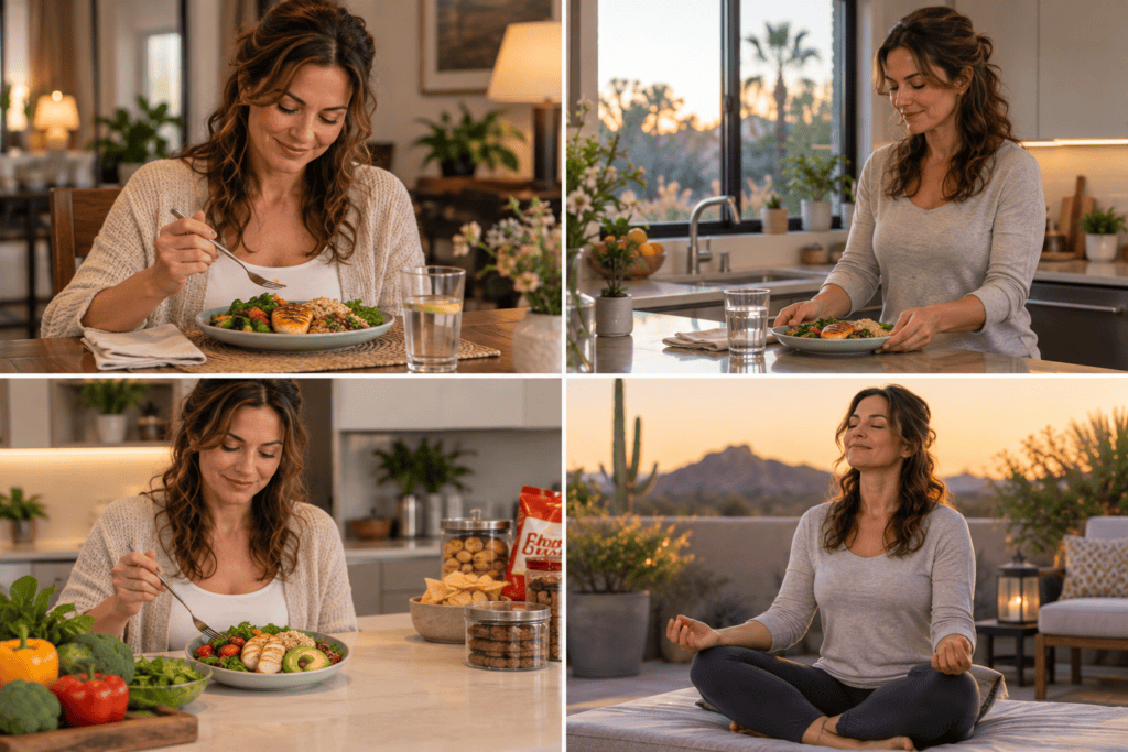 Collage showing smaller meals, earlier eating, whole foods and stress reduction for managing acid reflux.