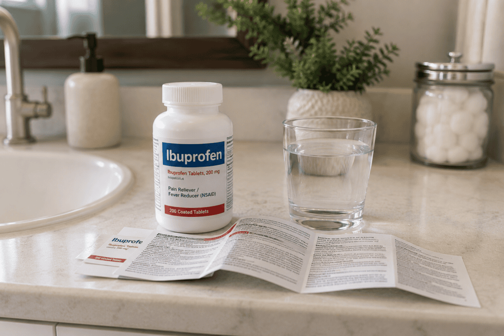 Bottle of ibuprofen beside a glass of water and unfolded medication warning information.