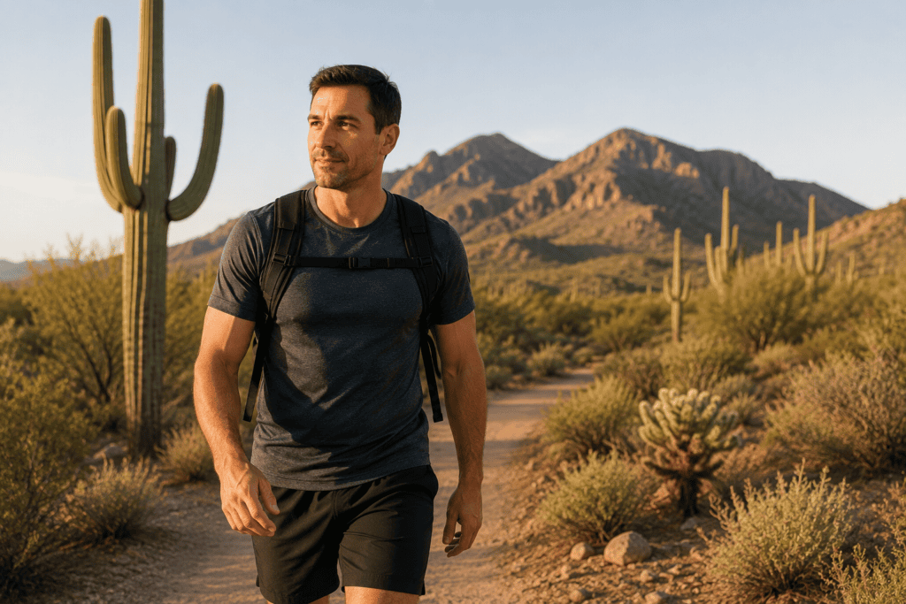 Man walking comfortably on a Scottsdale desert trail after recovering from everyday soreness.