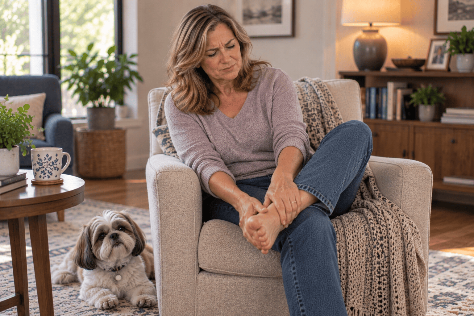 Person seated rubbing a bare foot with a look of discomfort, managing foot neuropathy at home.