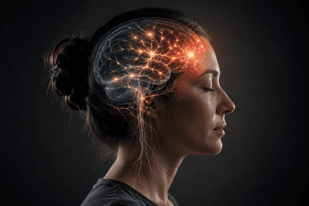 Side profile of a woman with a subtle visualization of neurological activity in the brain during migraine.