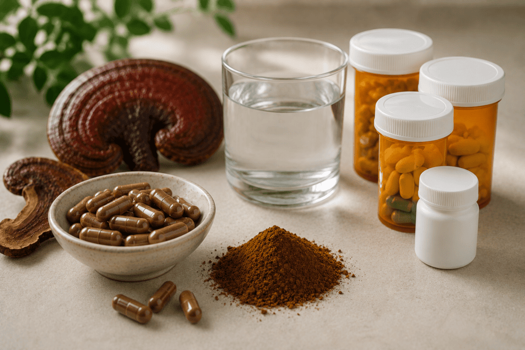 Reishi capsules and powder beside a glass of water and prescription pill bottles on a clean surface.
