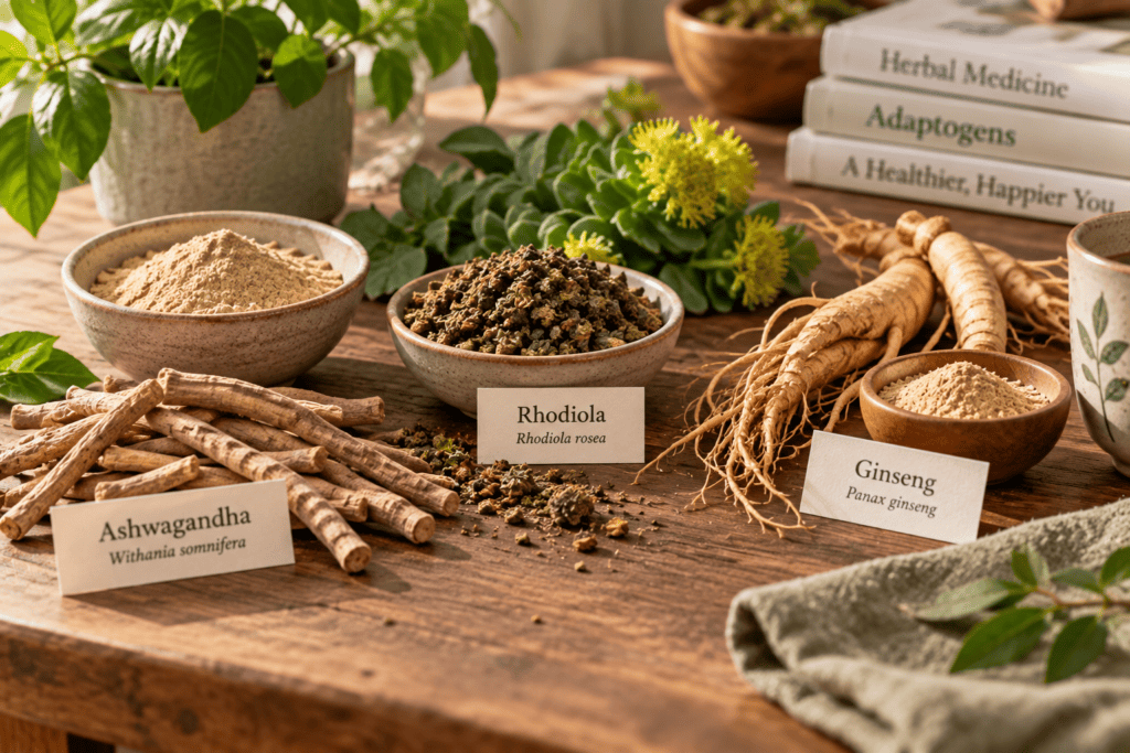 Ashwagandha, rhodiola, and ginseng roots and powders arranged on a clean wooden surface.