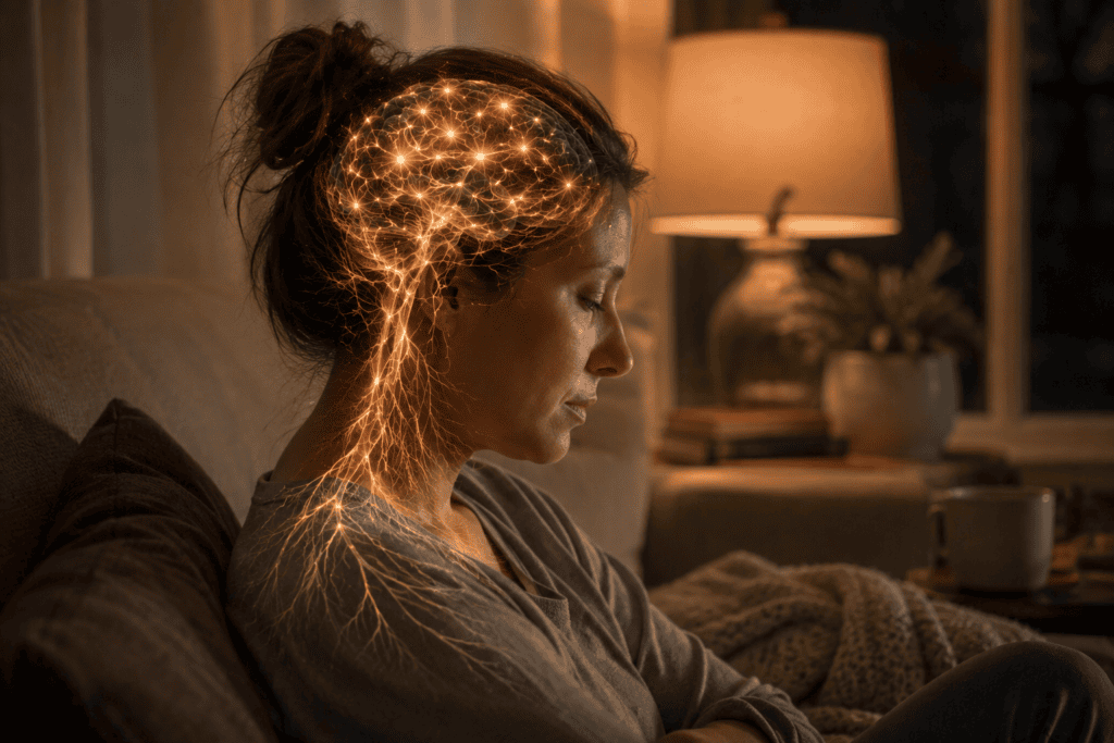 Woman appearing stressed and fatigued with a subtle visualization of sensitized neural pathways around the head.