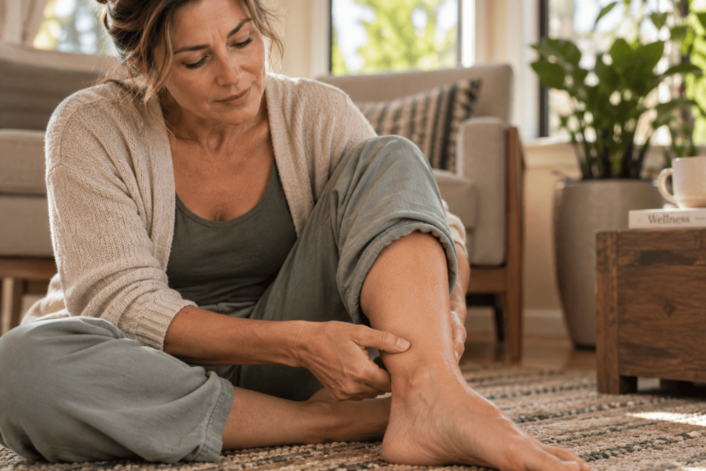 Woman seated pressing the point above her inner ankle to ease menopause symptoms, breathing slowly.