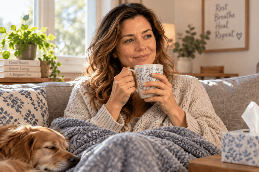 Person looking better and recovering from a cold, breathing easily and sipping tea comfortably.