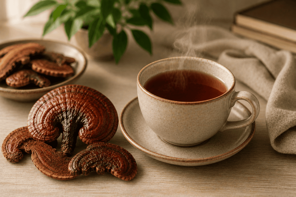 A warm cup of reishi tea beside dried reishi mushrooms on a clean table in soft light.