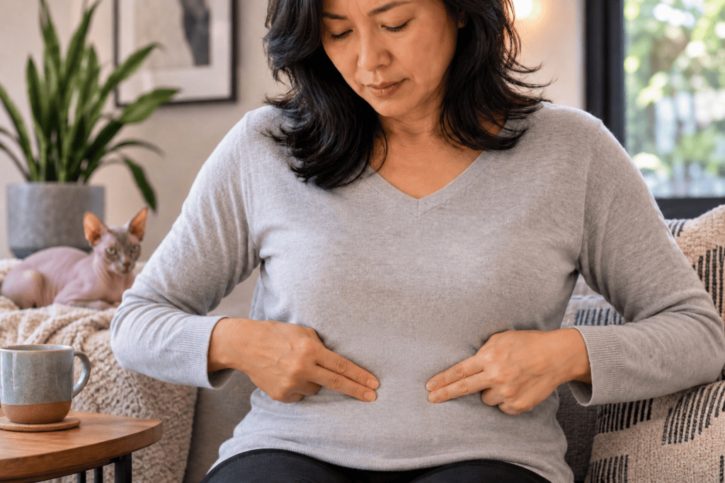 Person pressing the point beside their navel with fingertips to calm diarrhea, seated and calm.