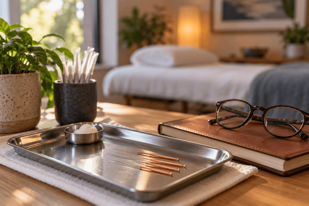 Fine acupuncture needles on a clean tray beside a journal and reading glasses.