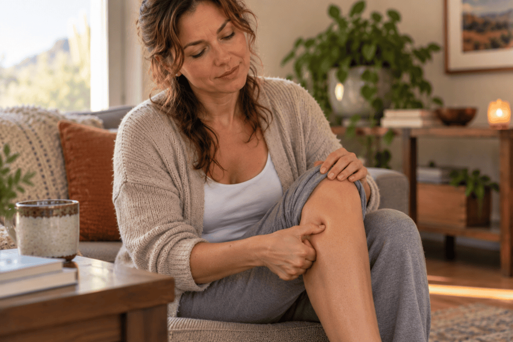 Person pressing the energy point below the knee with their thumb to ease fatigue, seated and calm.