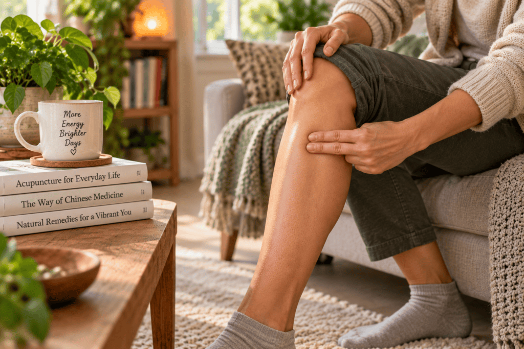 Person pressing an acupressure point below the knee to support energy, relaxed and calm.
