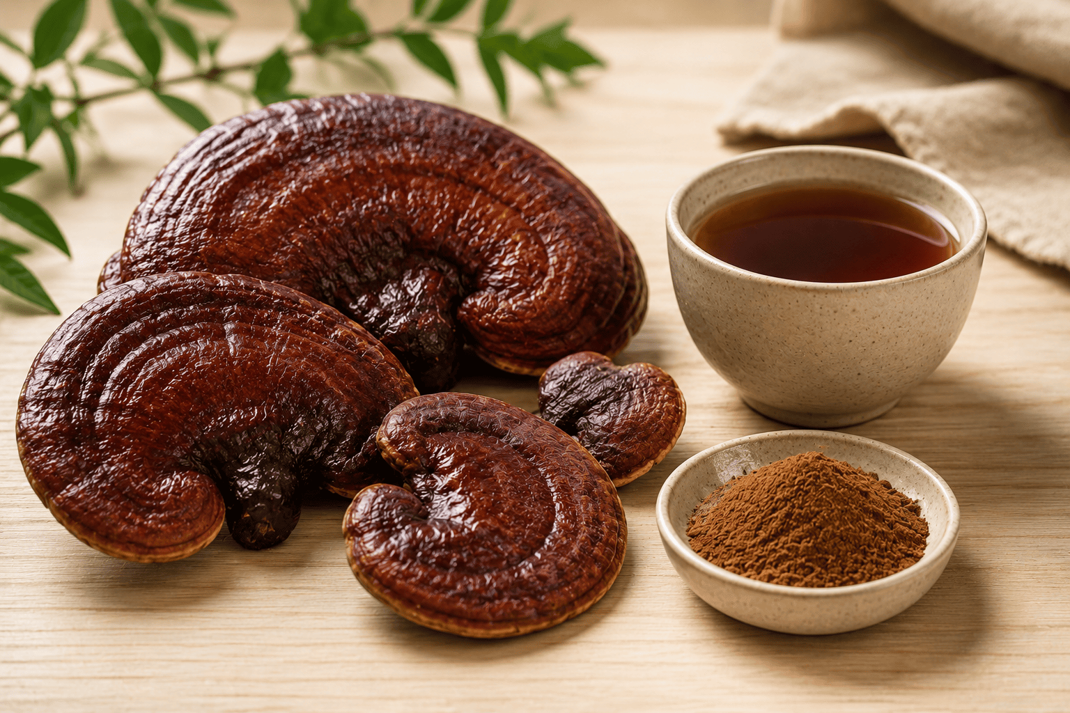 Dried reishi mushrooms with a cup of reishi tea and a dish of reishi powder on a clean wooden surface.