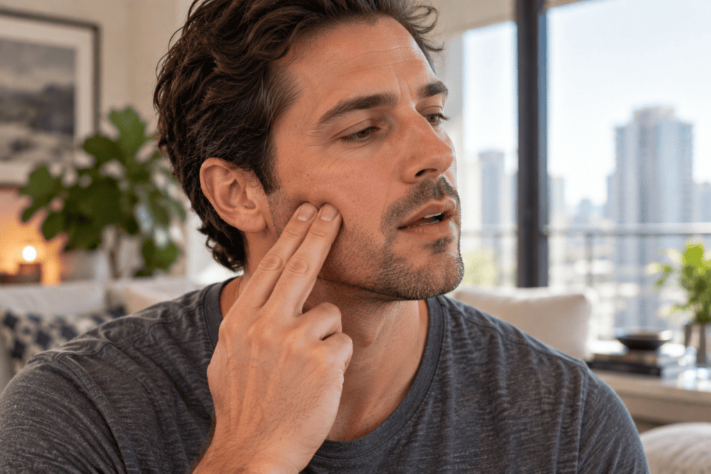 Person pressing the jaw muscle on the cheek with two fingers to release jaw tension.
