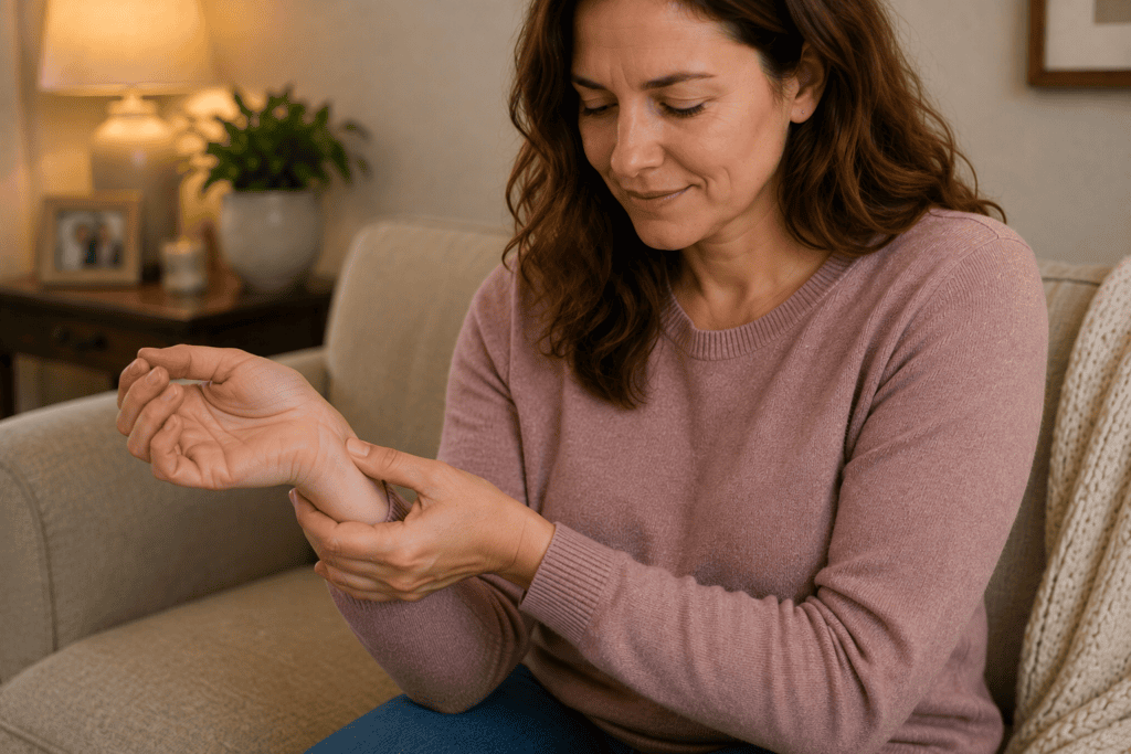 Person pressing the inside of their wrist with their thumb to ease an upset stomach, looking relieved.