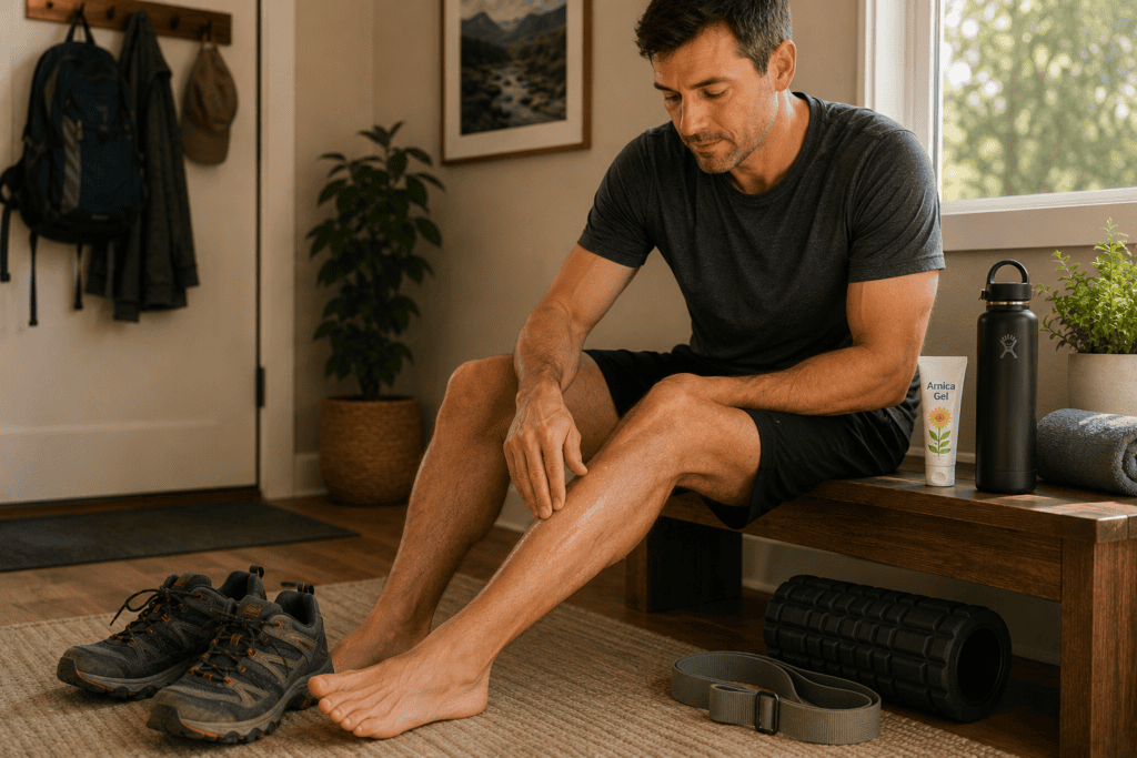 Active man caring for a mildly sore leg at home with Arnica and simple recovery tools nearby.
