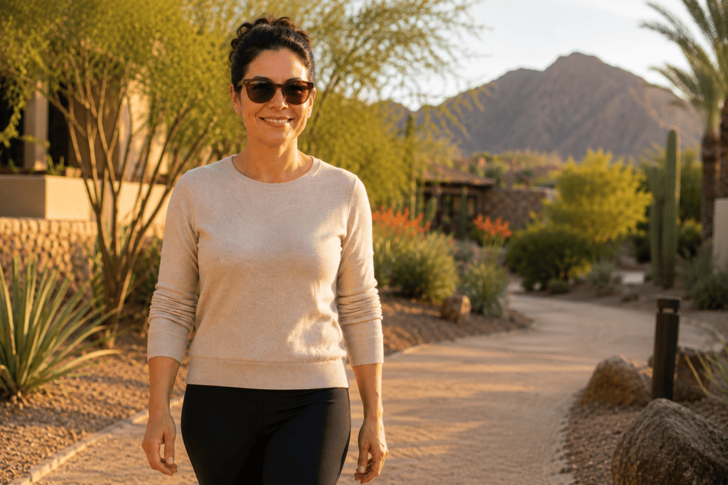 Woman comfortably enjoying an outdoor Scottsdale afternoon after gaining better control over recurring migraines.
