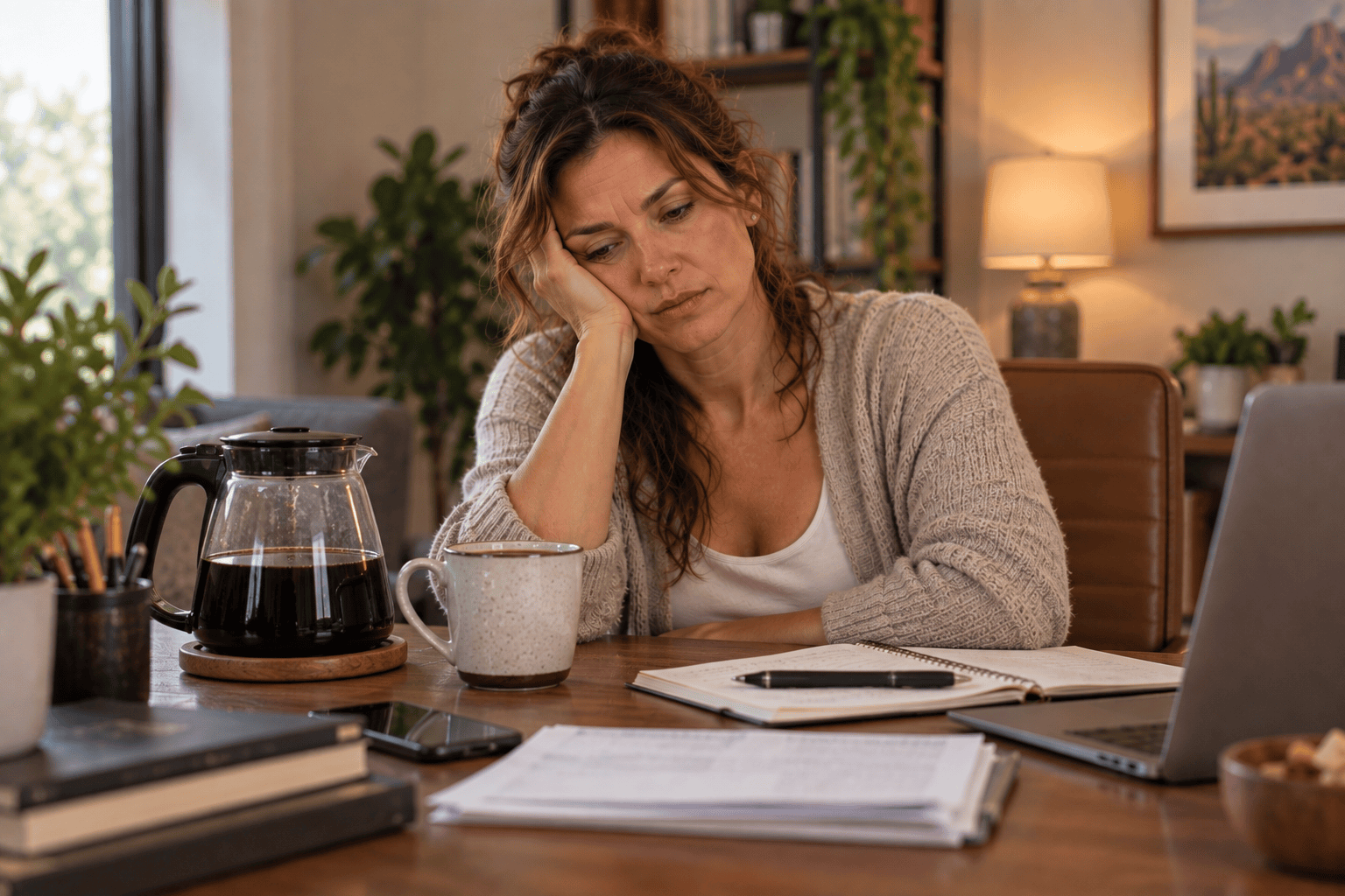 Person slumped at a desk looking drained and exhausted, head propped on a hand, coffee going cold nearby.