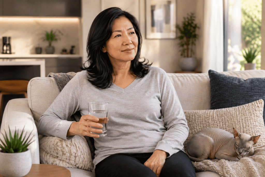 Person relaxed on a couch with a glass of water, looking comfortable and relieved after their gut settled.
