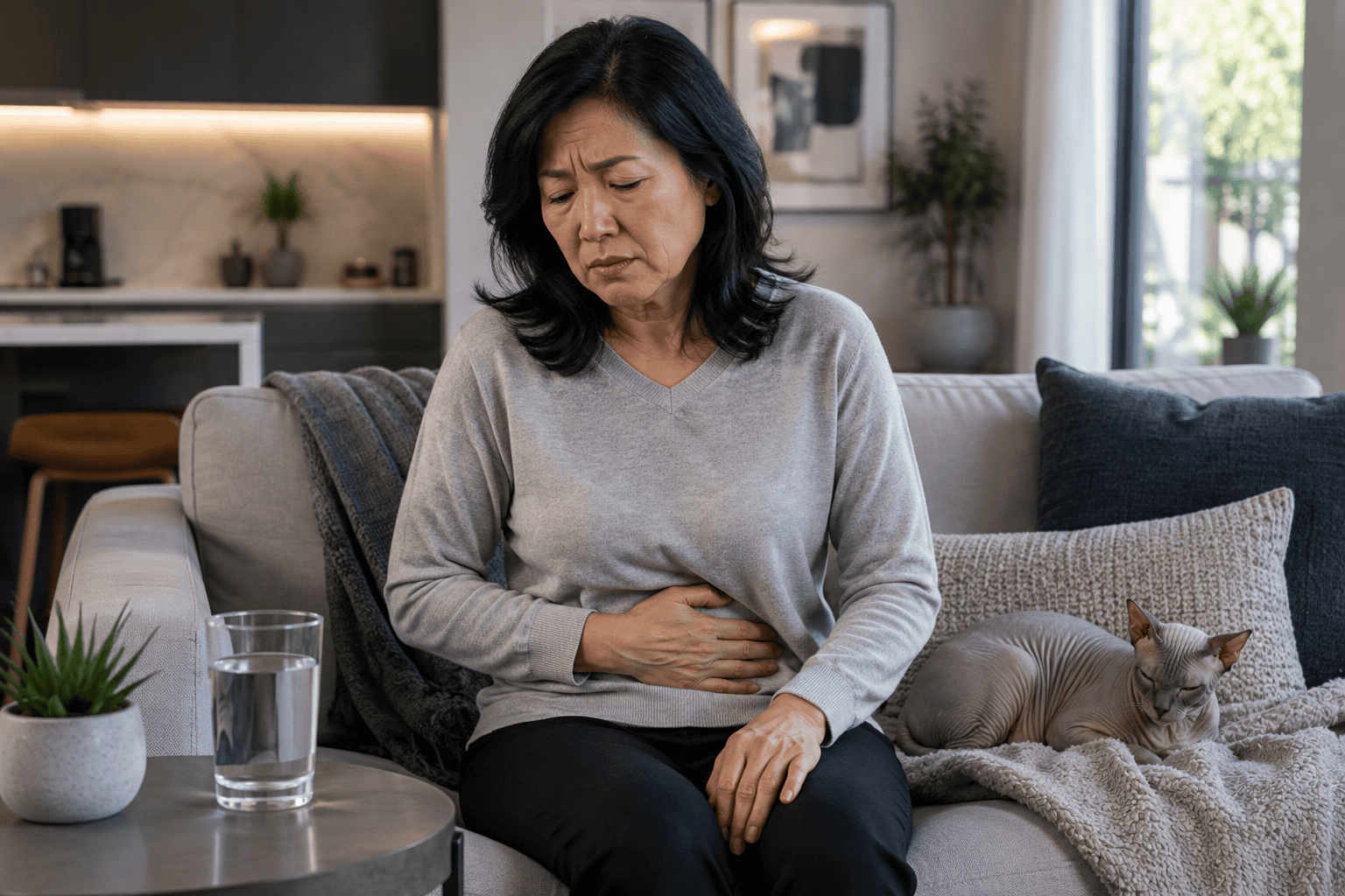 Person sitting on a couch with a hand on their lower abdomen looking unwell, a glass of water nearby.