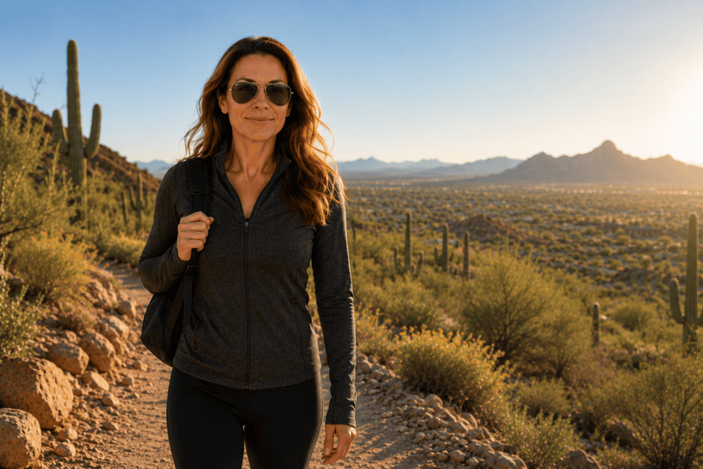 Healthy woman hiking comfortably on a Scottsdale desert trail in warm morning light.