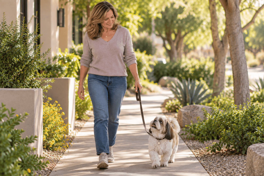 Person standing and walking steadily with a calmer, more comfortable expression, feet more settled.