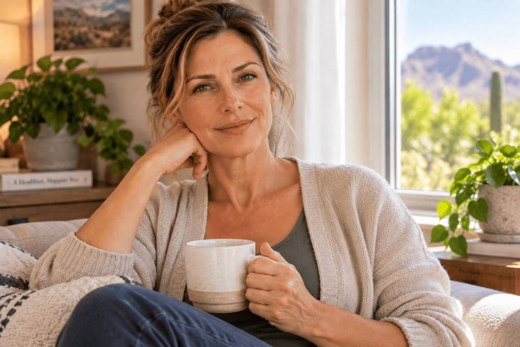 Woman looking cool, calm, and comfortable with a settled expression after easing her menopause symptoms.