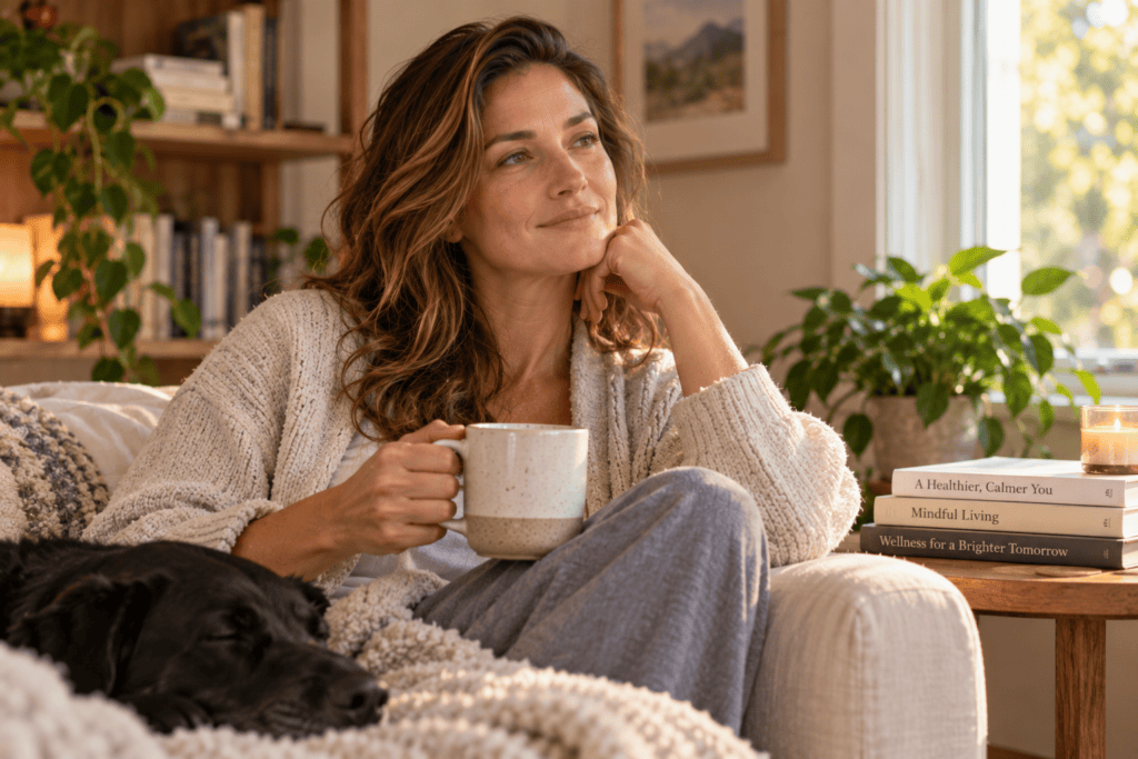 Person looking calm, settled, and emotionally at ease, sitting peacefully with a serene expression.