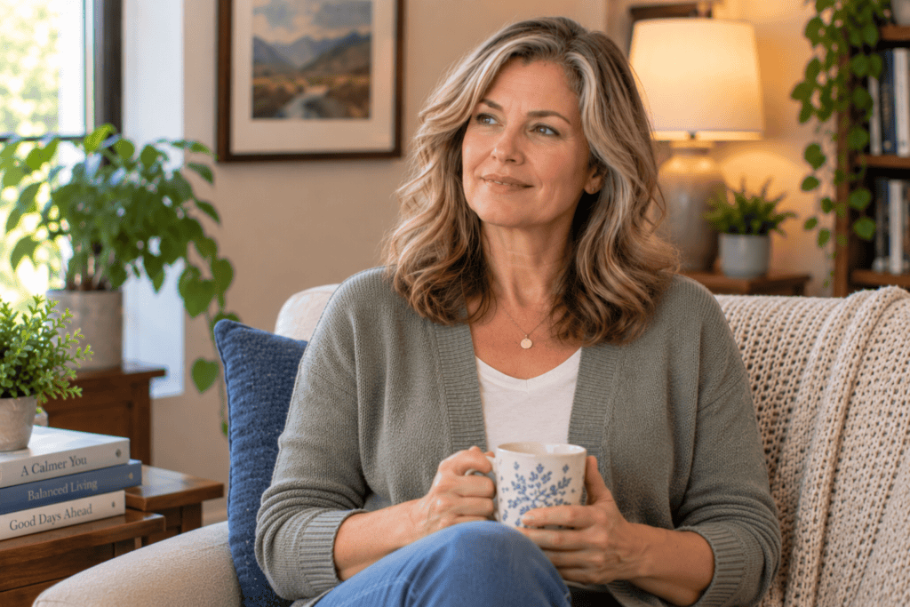 Person sitting upright looking steady, calm, and clear-headed after a dizzy spell passed.