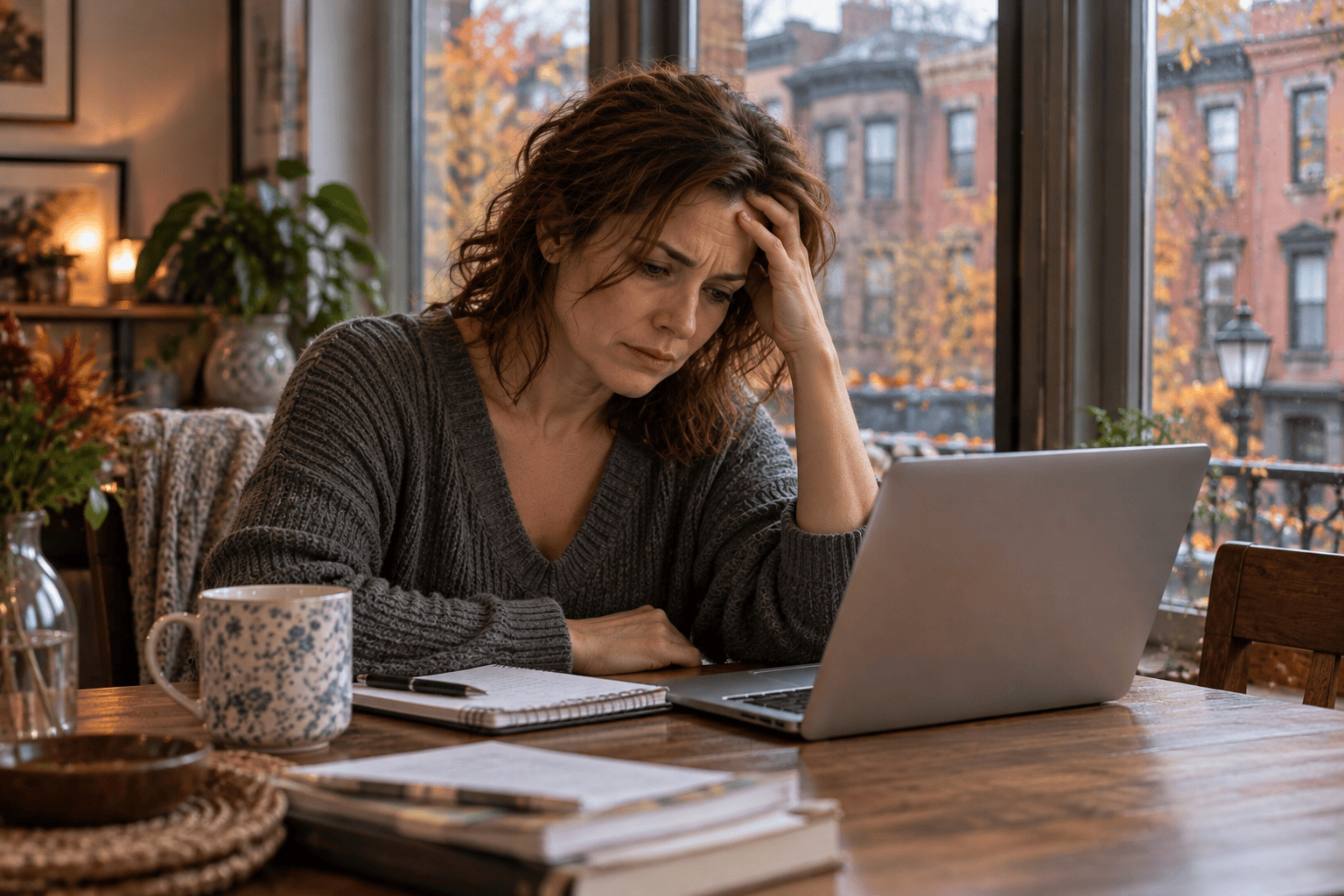 Woman sitting alone at her table looking frustrated with herself during a difficult, self-critical moment.