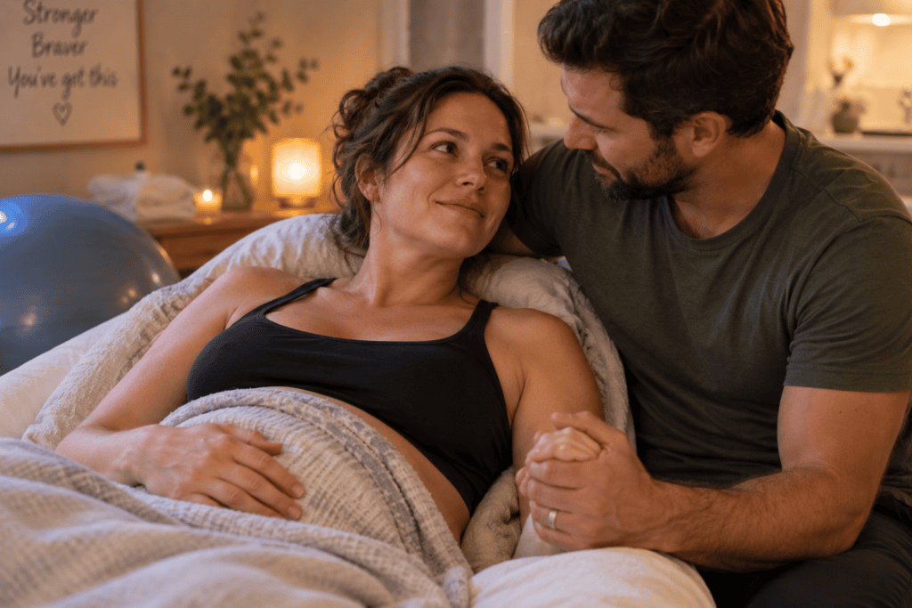 Laboring woman looking calmer and supported between contractions with her partner close and reassuring.