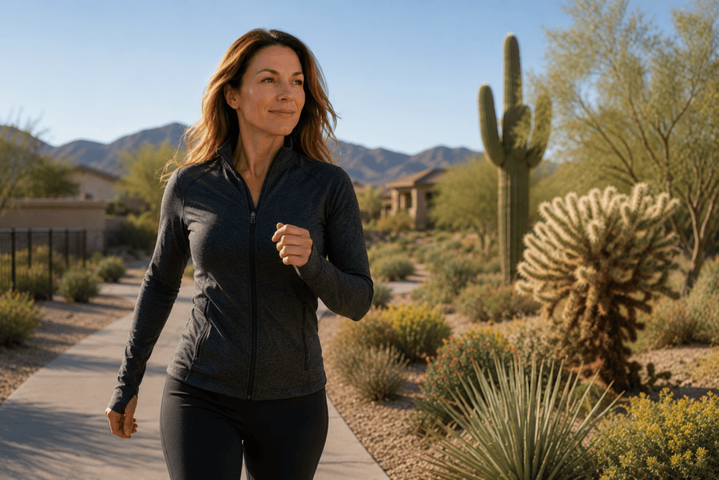 Healthy woman walking outdoors on a cool Scottsdale morning as part of an active lifestyle.