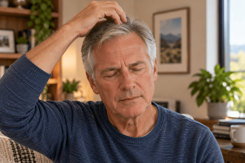 Person pressing the crown of the head with fingertips, eyes closed, to support memory and the mind.