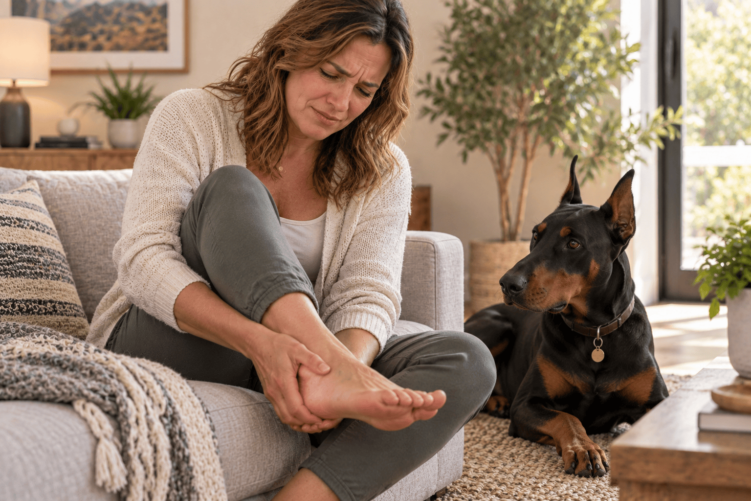 Person seated holding a sore heel with both hands and a pained expression, showing heel pain.