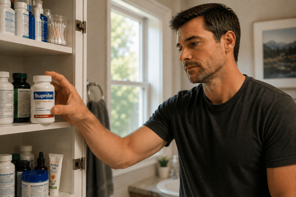Man with a sore shoulder reaching for ibuprofen in a home medicine cabinet.