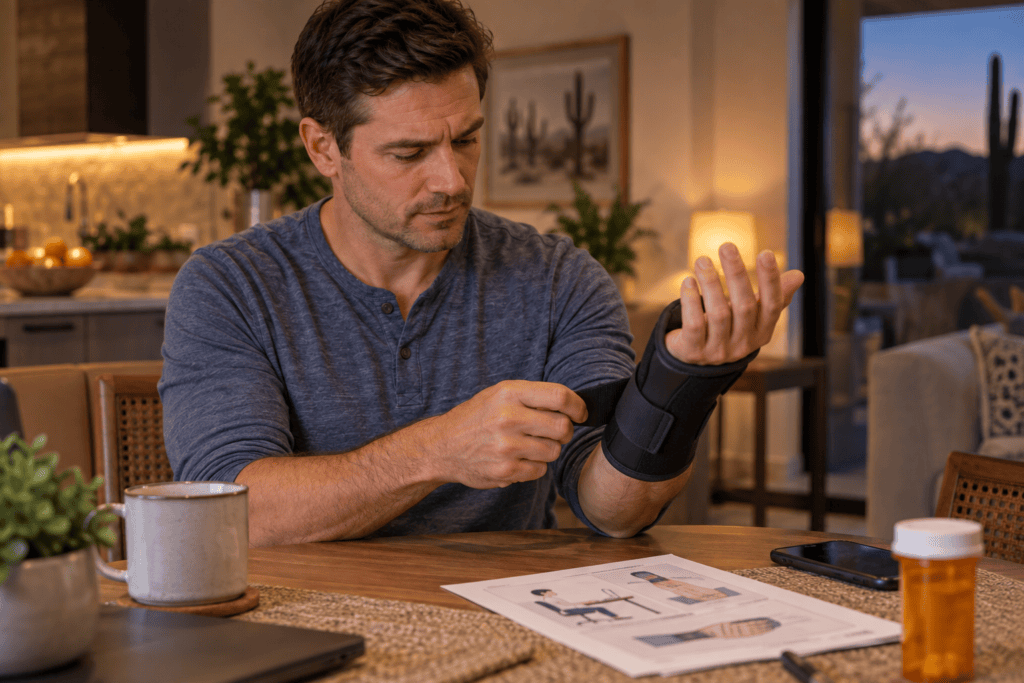 Man putting on a wrist splint as part of conservative treatment for carpal tunnel syndrome.