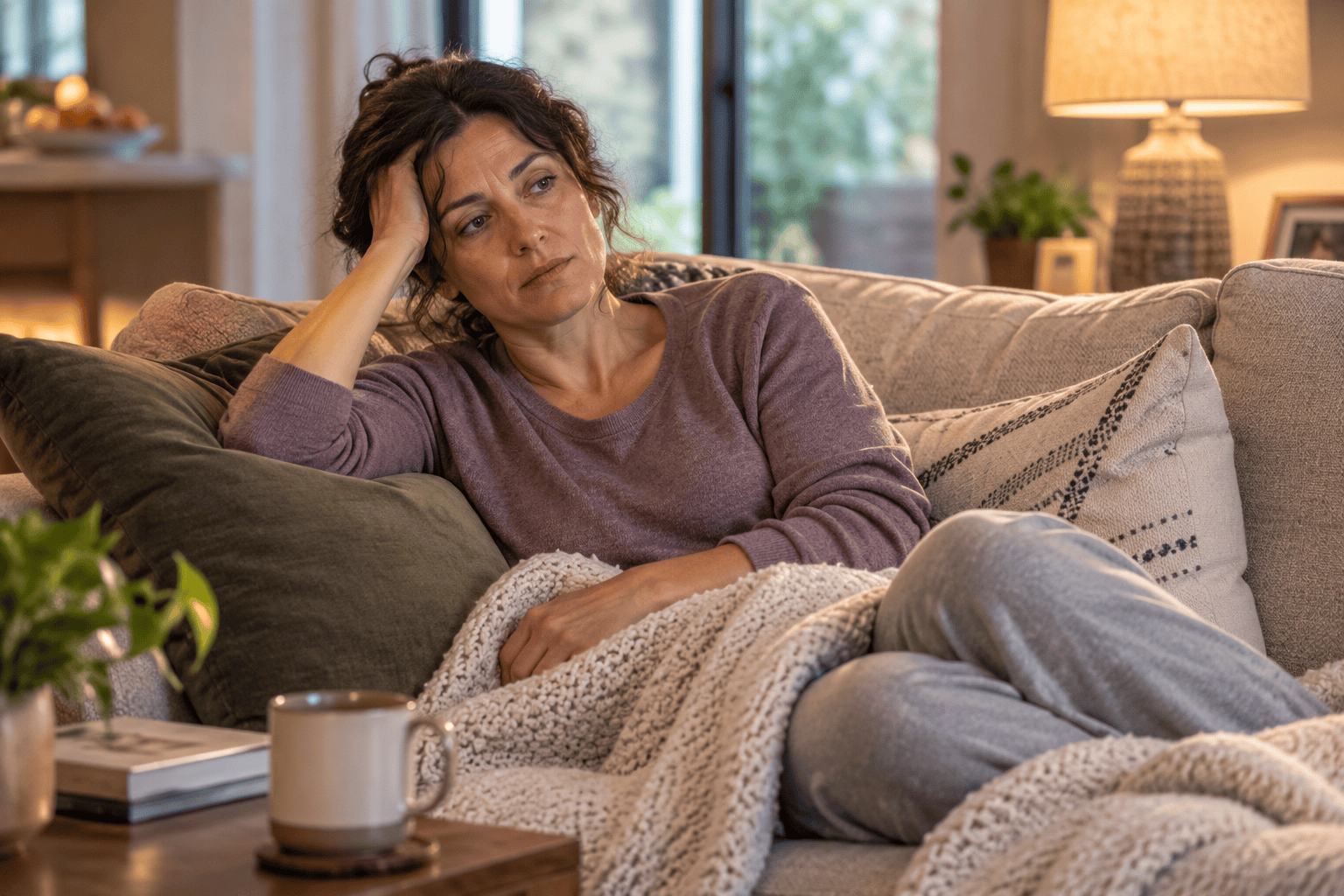 Person resting on a couch looking weary and achy, conveying the chronic pain and fatigue of fibromyalgia.