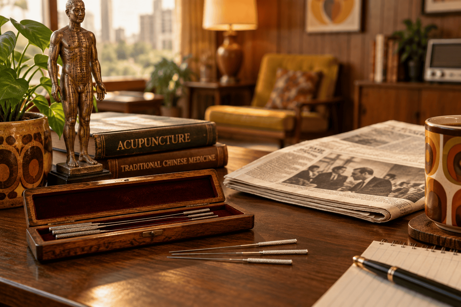 Acupuncture needles and a newspaper in a 1970s American setting representing acupuncture’s emergence in the United States.