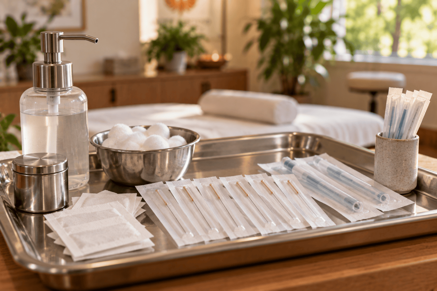 Sterile packaged acupuncture needles, alcohol dispenser, cotton balls, and treatment supplies arranged on a stainless-steel tray.
