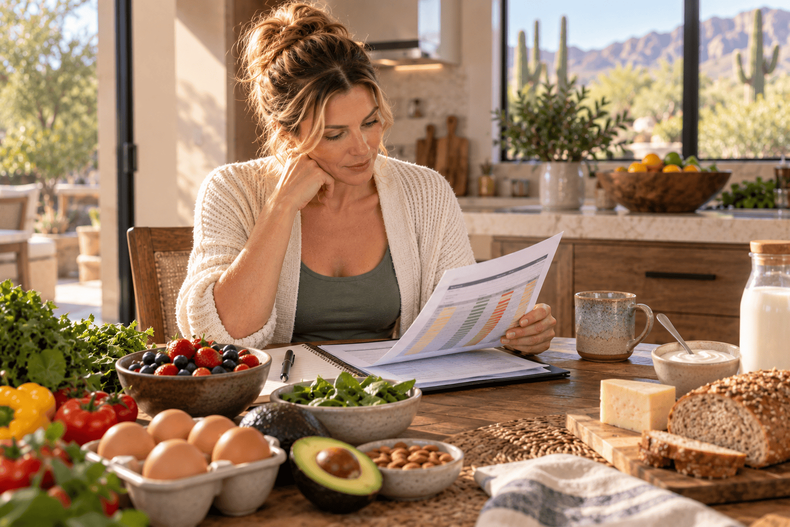 Woman reviewing food sensitivity test results at a kitchen table surrounded by a variety of foods.