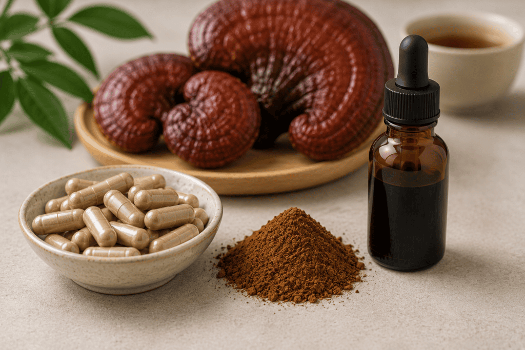 Reishi capsules, powder, and a liquid extract dropper bottle arranged together on a clean surface.