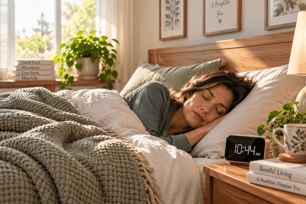 Person sleeping peacefully in a tidy bedroom in soft morning light, showing restorative rest.