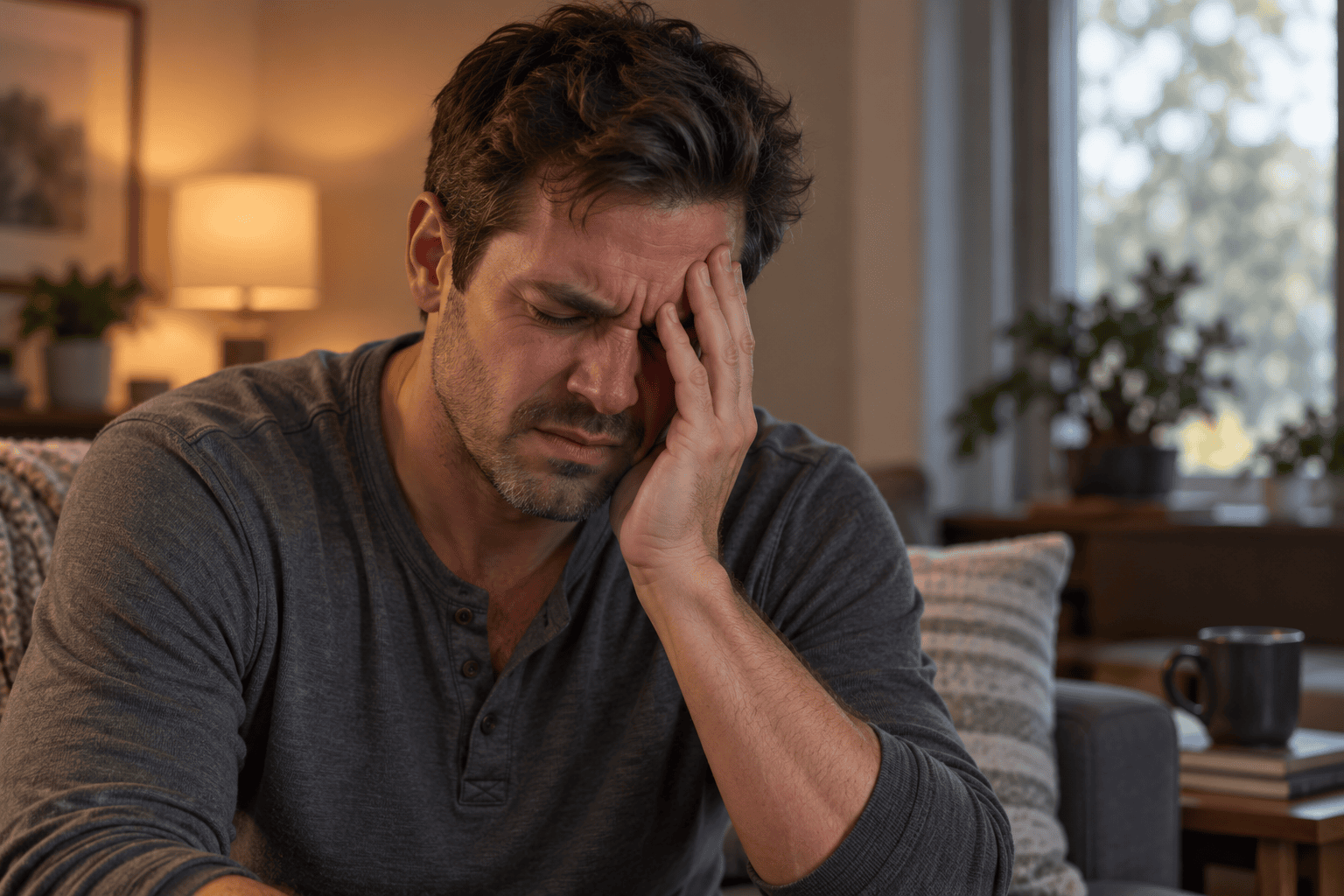Person pressing a hand to one side of the head around the eye, face tight with the intense pain of a cluster headache.