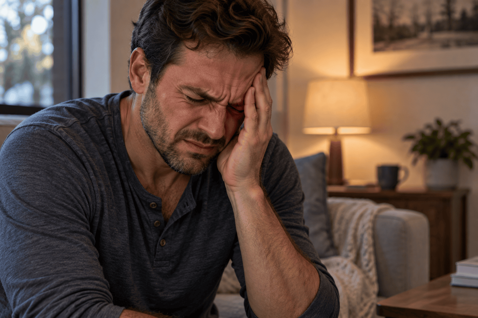 Person pressing a hand to one side of the head around the eye, face tight with cluster headache pain.