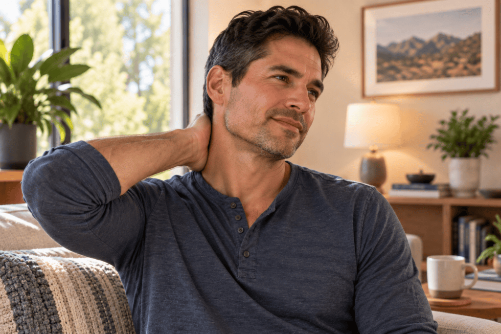 Person looking eased and relieved with a calm expression after their occipital neuralgia settled.