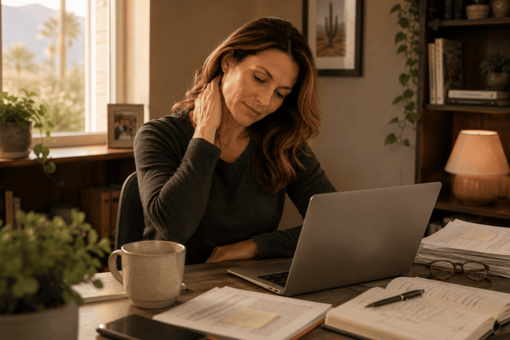 Woman showing subtle fatigue and tension after a busy day despite otherwise feeling healthy.
