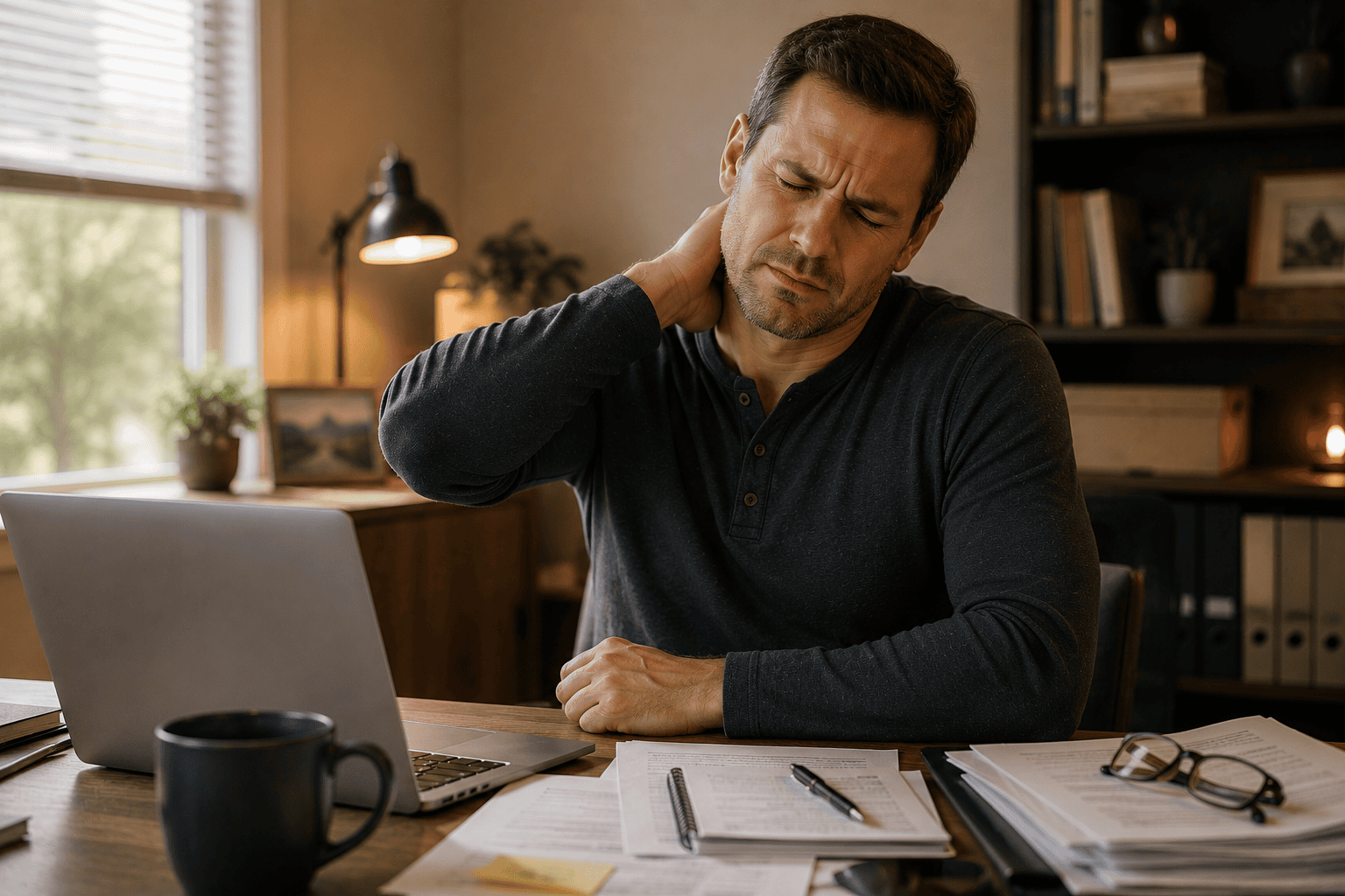 Person at a desk with raised, tense shoulders pressing a stiff neck, looking stressed.