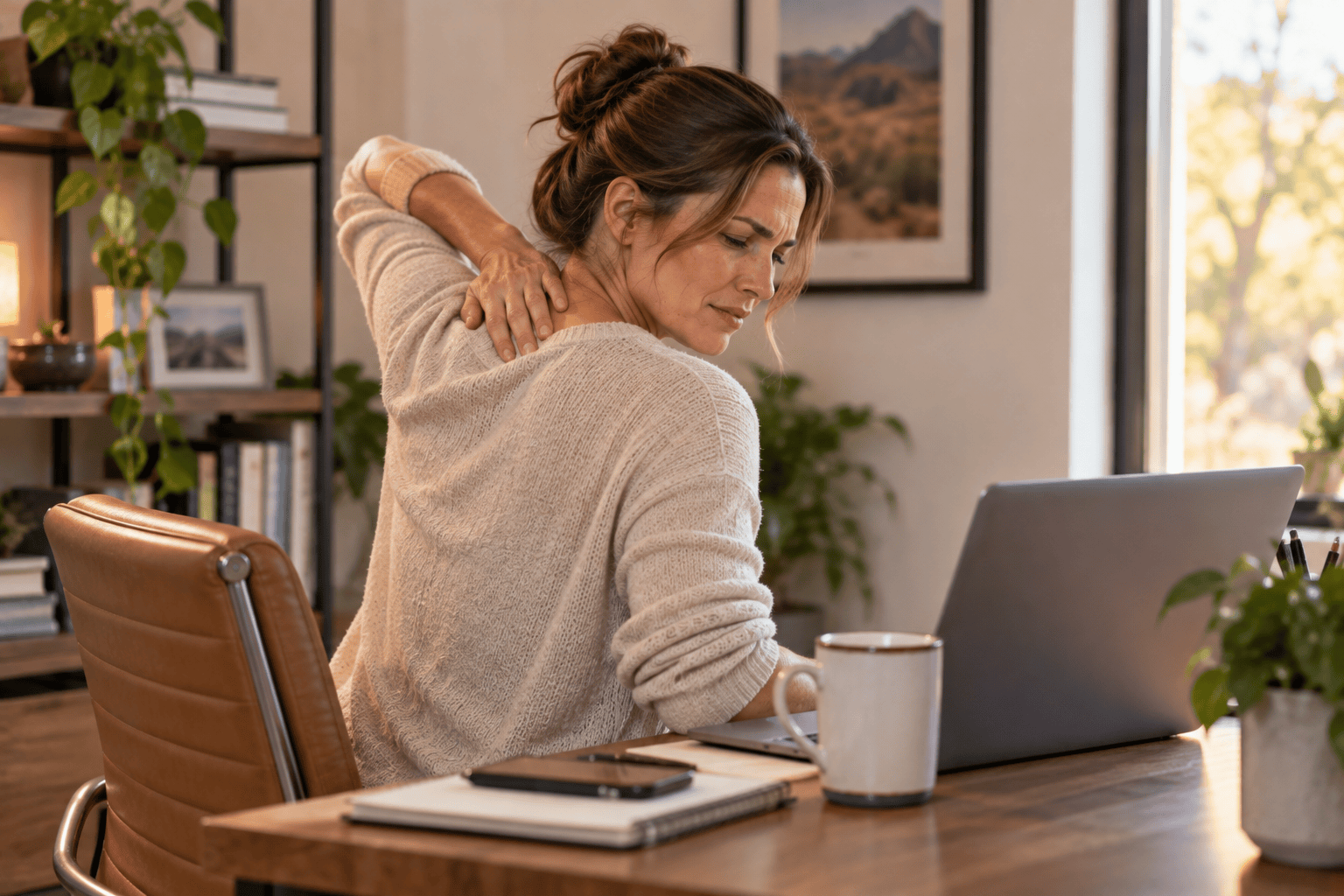 Person at a desk reaching back to rub a sore, tight upper back between the shoulder blades.