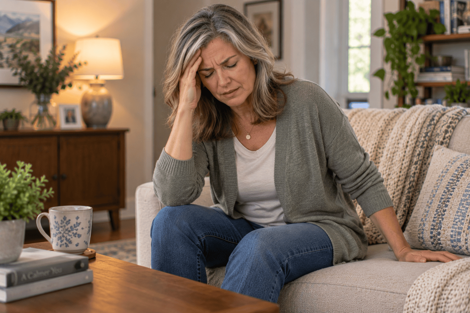 Person sitting and pressing a hand to their head, looking lightheaded and unsteady from dizziness.