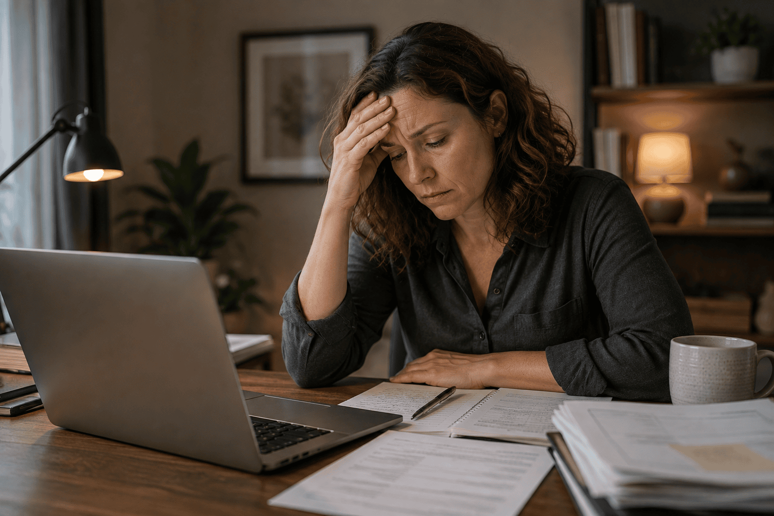 Person at a desk with a hand to their forehead looking stressed and mentally overloaded.