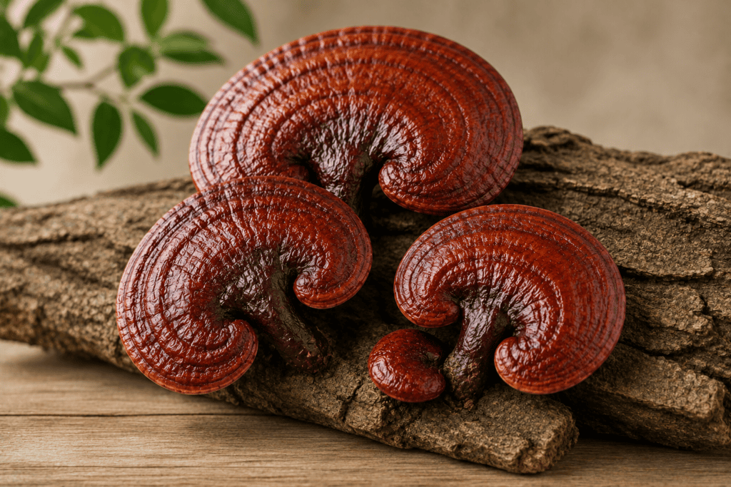 Whole glossy reddish-brown reishi mushrooms with their woody, kidney-shaped caps resting on tree wood.